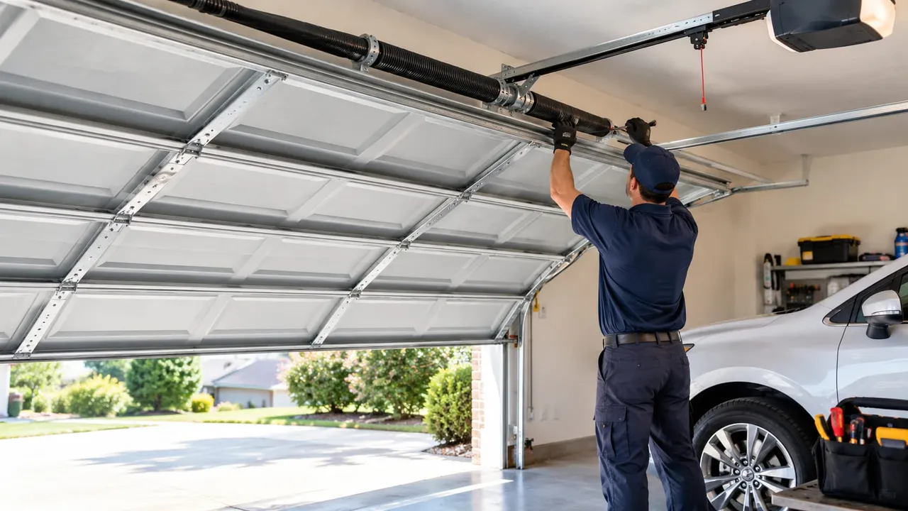 NishaGarageDoor Technician Repairing a Garage Door in Carrollton, GA